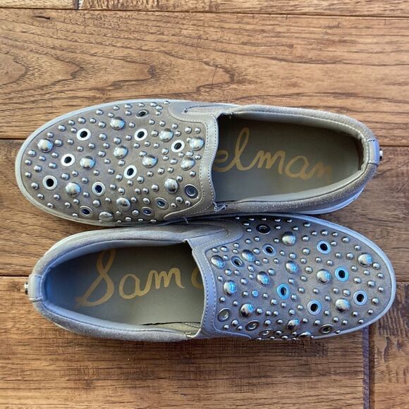 SAM Edelman Paven Embellished Studded Slip-On Sneakers in Taupe Suede Size 6 - Picture 7 of 10